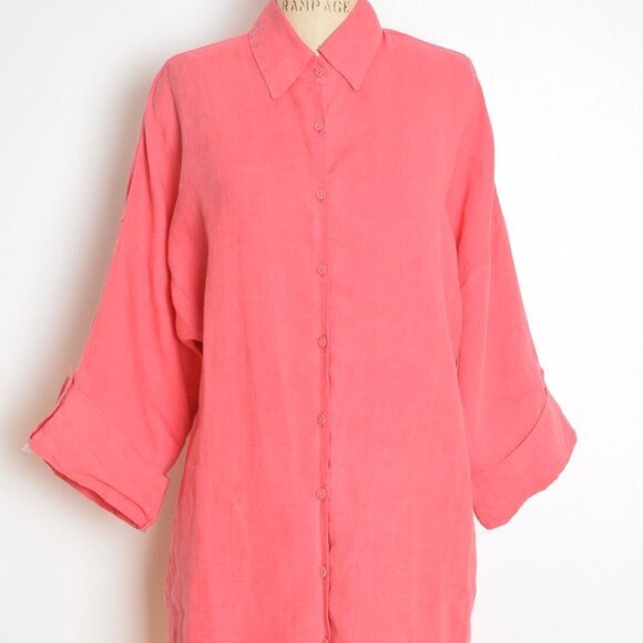 Chicos linen tunic top salmon pink long shirt blouse jacket button up 1 L XL - Picture 2 of 8